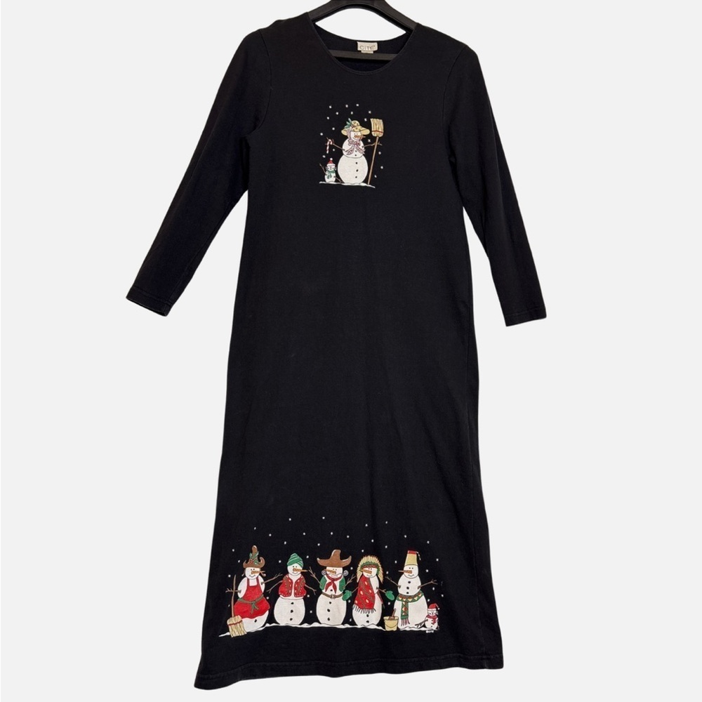 VTG 90s Holiday Dress Christmas Snowmen Sm Black Long Midi Dark Academia - Picture 2 of 6